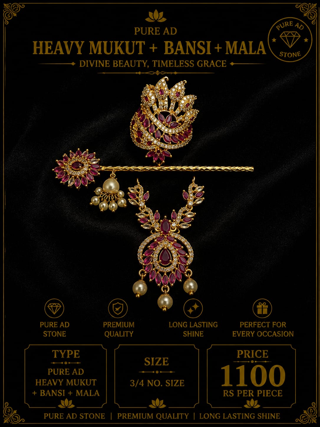 Pure ad heavy mukut + mala + Bansi set